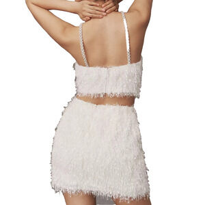 Tadashi Shoji White Fringe Two-Piece Skirt Set (fits like size 10)